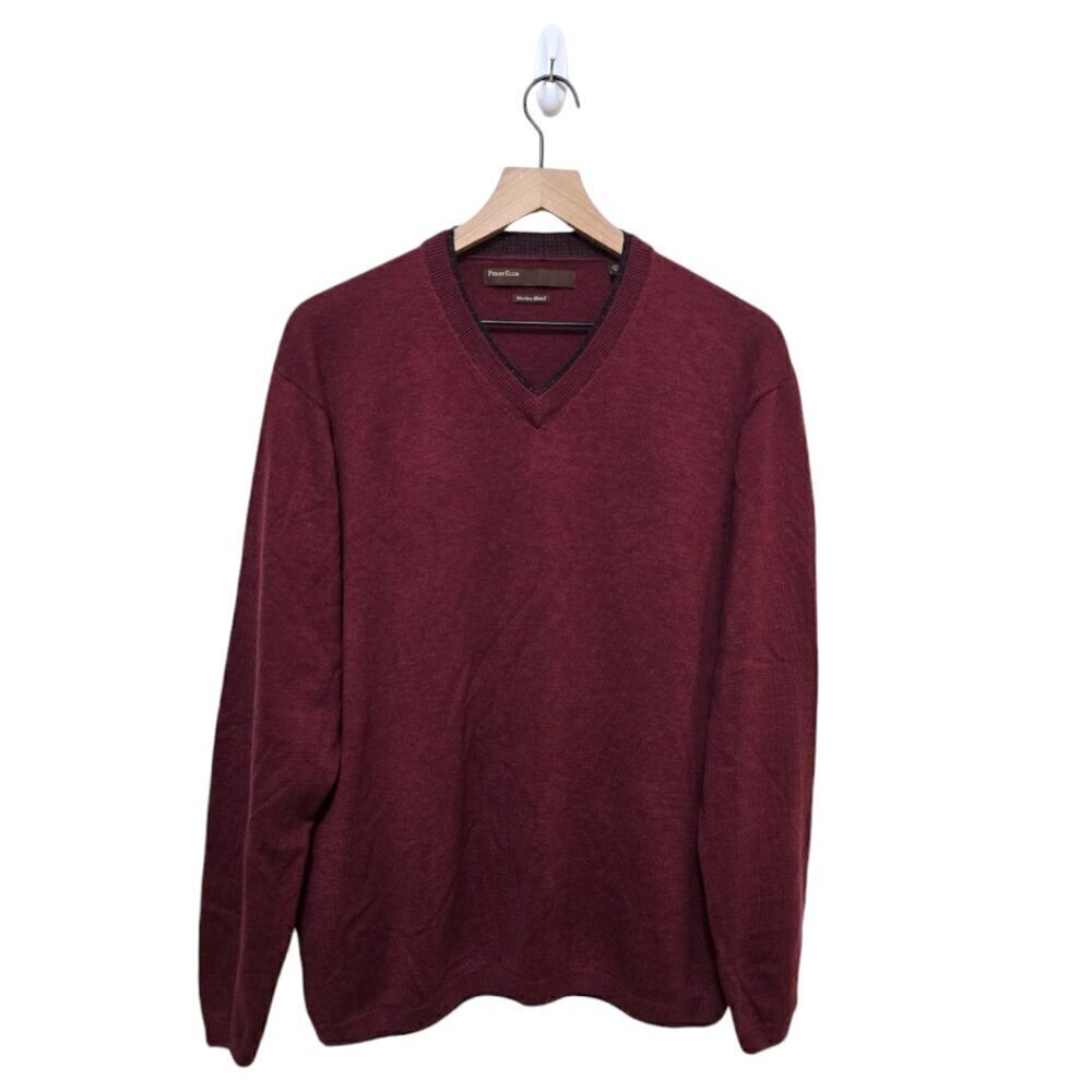 Perry Ellis Burgundy V-Neck Long Sleeve Merino Wool Blend Sweater Sz L
